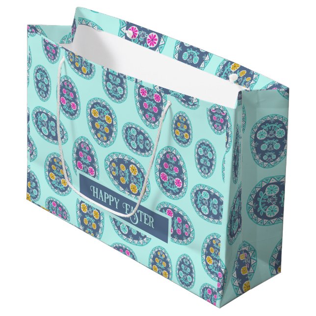 Folk Art Easter Pattern, Pysanka Inspired Aqua Large Gift Bag (Front Angled)