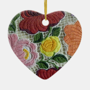 Folk Art Embroidery Flowers Ceramic Ornament