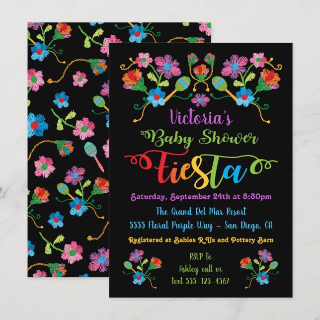 Folk Art Embroidery Mexican Fiesta Baby Shower Invitation (Front/Back)