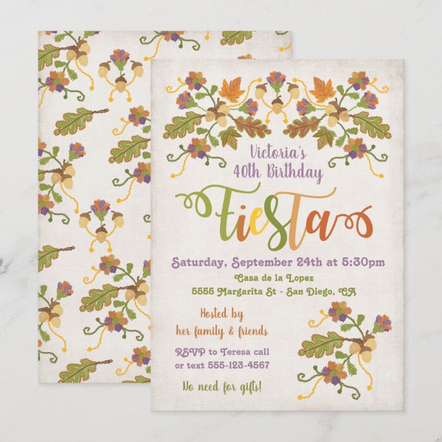 Folk Art Embroidery Mexican Fiesta Birthday Invitation (Front/Back)