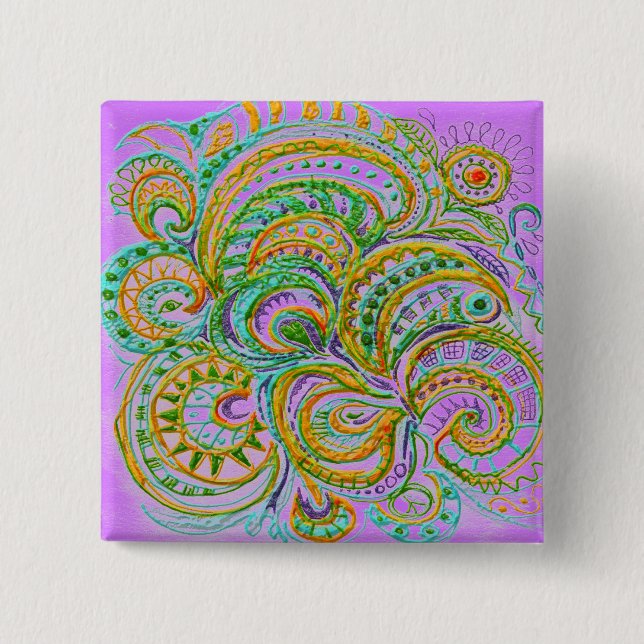 Folk Art Fantasy Pattern 2 Inch Square Button (Front)