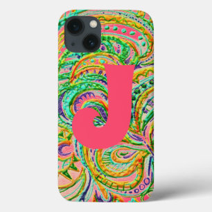 Folk Art Fantasy Pattern & Monogram iPhone 13 Case