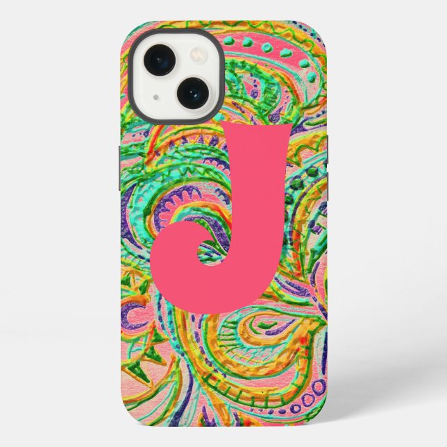Folk Art Fantasy Pattern & Monogram iPhone Case (Back)