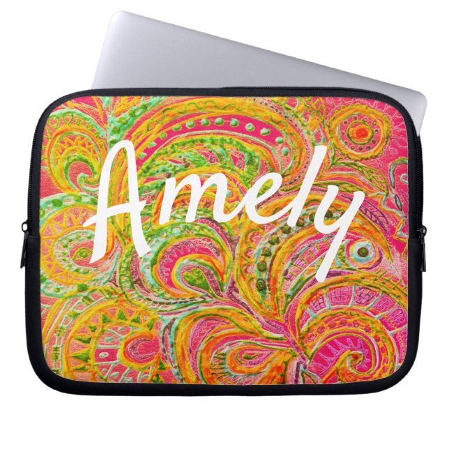 Folk Art Fantasy Pattern & Your Name Laptop Sleeve (Front)