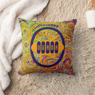 Folk Art Fantasy Pattern & Your Name  Throw Pillow