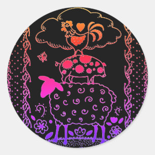 FOLK ART FARM ANIMALS SHEEP, PIG, ROOSTER CLASSIC ROUND STICKER