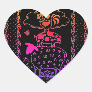 FOLK ART FARM ANIMALS SHEEP, PIG, ROOSTER HEART STICKER