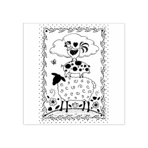 FOLK ART FARM ANIMALS SHEEP PIG ROOSTER Primitive Rubber Stamp