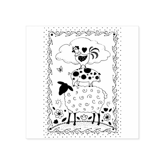 FOLK ART FARM ANIMALS SHEEP PIG ROOSTER Primitive Rubber Stamp (Imprint)