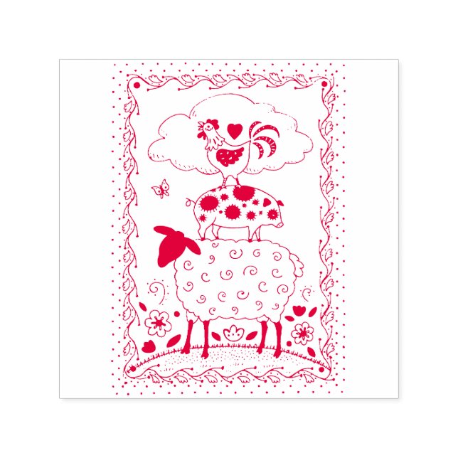 FOLK ART FARM ANIMALS SHEEP PIG ROOSTER Primitive Self-inking Stamp (Design)