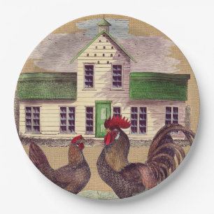 Folk Art Farmyard Chickens Rustic Design Paper Plate