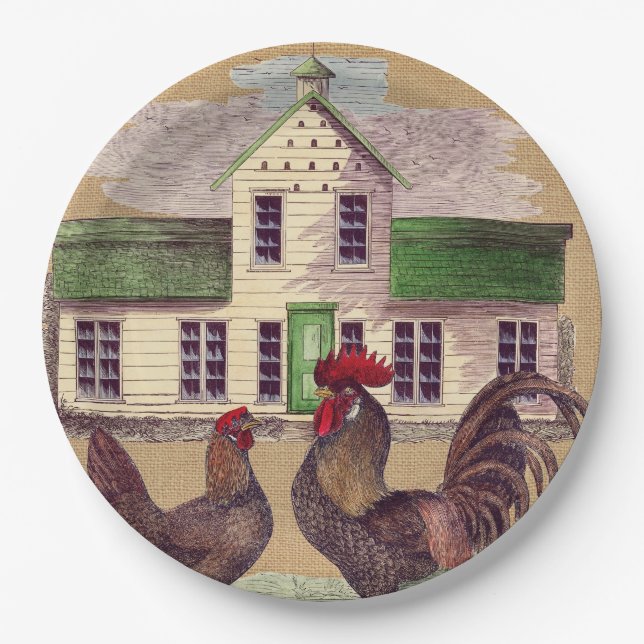 Folk Art Farmyard Chickens Rustic Design Paper Plate (Front)