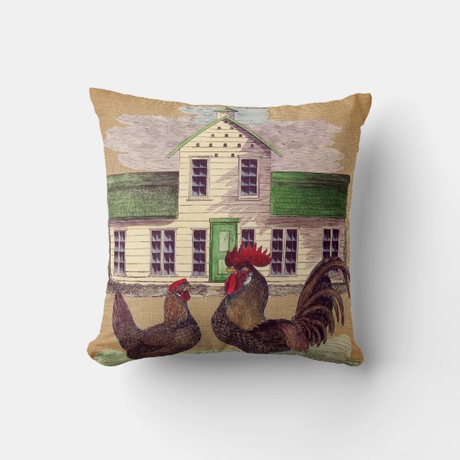 Folk Art Farmyard Chickens Rustic Design Throw Pillow (Front)