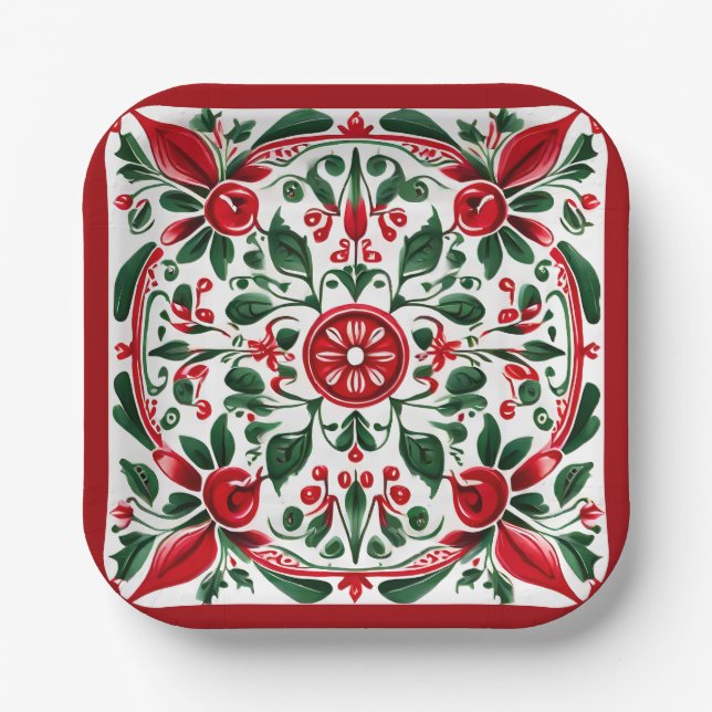 Folk-Art Festive Square Paper plates | Party Plate (Front)
