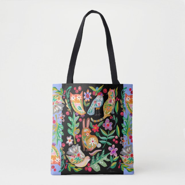 Folk Art Floral Animal Friends Black Customizable Tote Bag (Front)