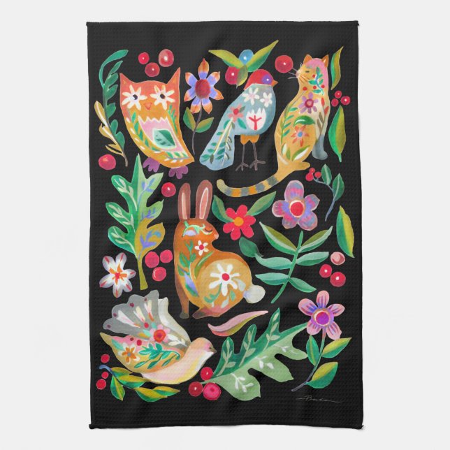 Folk Art Floral Animal Friends Black Kitchen Towel (Vertical)