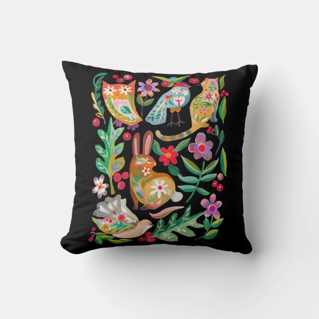 Folk Art Floral Animal Friends Black Throw Pillow (Front)