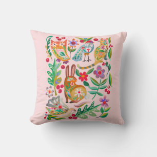 Folk Art Floral Animal Friends Blush Pink Throw Pillow