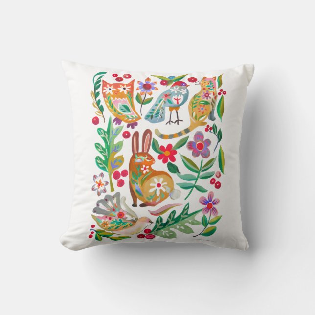 Folk Art Floral Animal Friends Customizable Throw Pillow (Front)