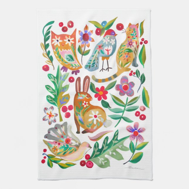 Folk Art Floral Animal Friends White  Kitchen Towel (Vertical)