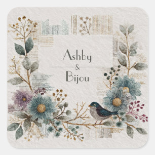Folk Art Floral Bird Wedding  Square Sticker