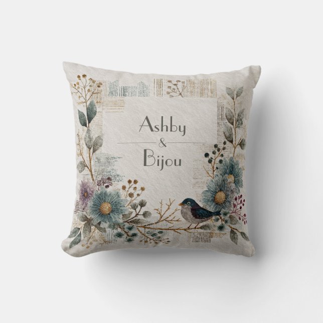 Folk Art Floral Bird Wedding  Throw Pillow (Front)