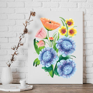 Folk Art Floral Bouquet Blue Pink Yellow Flowers  Canvas Print