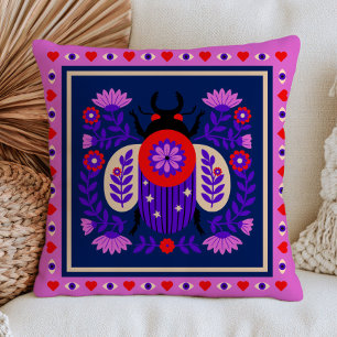 Folk Art Floral Bug Funky Maximalist Cottagecore Throw Pillow