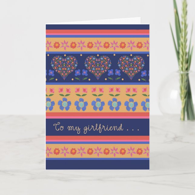 Folk Art Floral Coeurs carte d'anniversaire, amie (Devant)