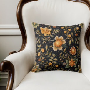 Folk Art Floral Dark Green with Golden Flowers Throw Pillow