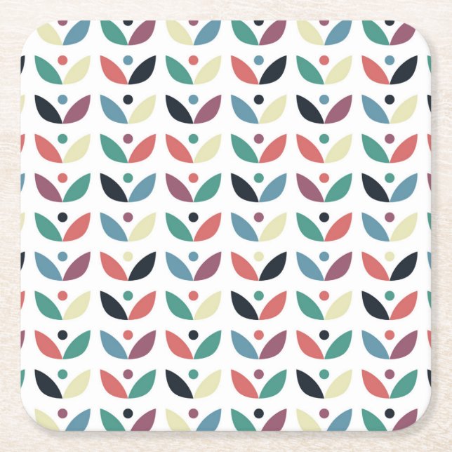Folk Art Floral Geometric Pattern Square Paper Coaster (Front)