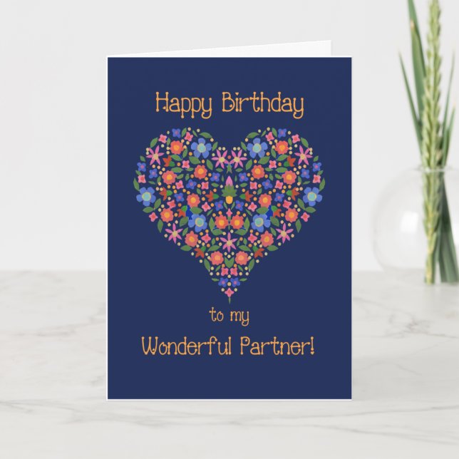 Folk Art Floral Heart Birthday Card for Partner (Front)