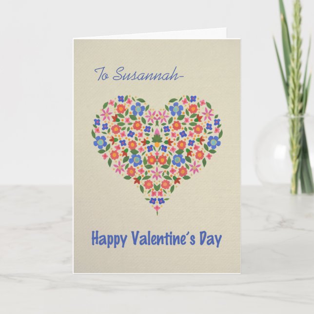 Folk Art Floral Heart Custom Valentine's Card (Front)