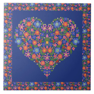Folk Art Floral Heart on Royal Blue Ceramic Tile