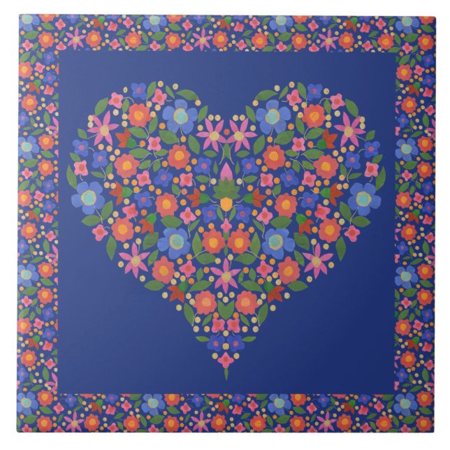 Folk Art Floral Heart on Royal Blue Ceramic Tile (Front)