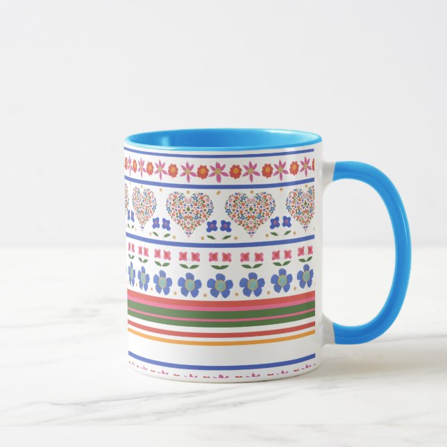 Folk Art Floral Hearts Border Ringer Coffee Mug (Right)