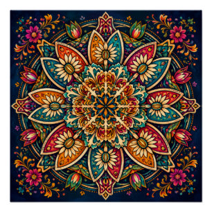 FOLK ART FLORAL MANDALA CIRCULAR BOTANICAL DESIGN POSTER