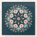 Folk-Art Floral Mandala Glass Coaster<br><div class="desc">Vibrant glass coaster featuring an intricate floral mandala design, blending bohemian folk art with a modern color palette. Centered on a deep teal background, the symmetrical pattern showcases a layered centerpiece surrounded by delicate pink, soft blue, and gold-toned blossoms. This elegant piece is both a functional home accessory and a...</div>