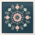 Folk-Art Floral Mandala Glass Coaster<br><div class="desc">Vibrant glass coaster featuring an intricate floral mandala design, blending bohemian folk art with a modern color palette. Centered on a deep teal background, the symmetrical pattern showcases a layered centerpiece surrounded by delicate pink, soft blue, and gold-toned blossoms. This elegant piece is both a functional home accessory and a...</div>