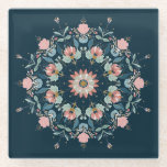 Folk-Art Floral Mandala Glass Coaster<br><div class="desc">Vibrant glass coaster featuring an intricate floral mandala design, blending bohemian folk art with a modern color palette. Centered on a deep teal background, the symmetrical pattern showcases a layered centerpiece surrounded by delicate pink, soft blue, and gold-toned blossoms. This elegant piece is both a functional home accessory and a...</div>