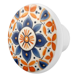 Folk Art Floral Orange & Blue Flower Ceramic Knob