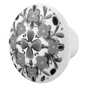 Folk Art Floral Orange & Blue Flowers Ceramic Knob
