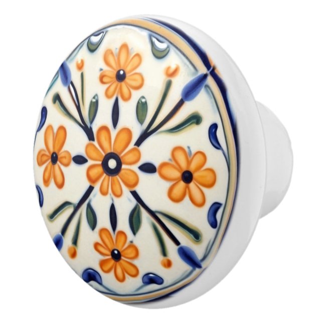 Folk Art Floral Orange Flowers Blue Circle Ceramic Knob (Right)