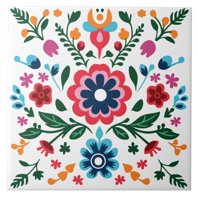 Folk Art Floral Pattern Colourful Flowers Tile (Front)