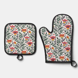 Folk art floral pattern oven mitt & pot holder set