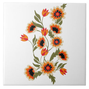 Folk Art Floral Pattern Red Orange Green Botanical Tile