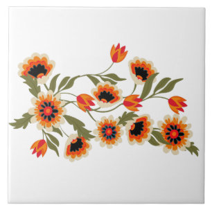 Folk Art Floral Pattern Red Orange Green Botanical Tile