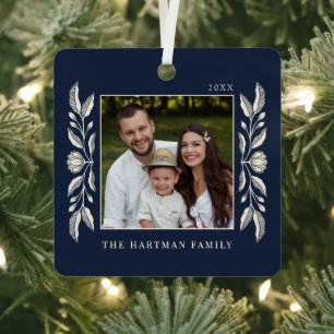Folk Art Floral Photo Christmas  Metal Ornament
