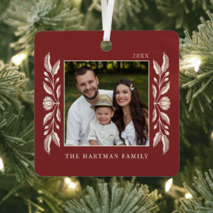 Folk Art Floral Photo Christmas Metal Ornament
