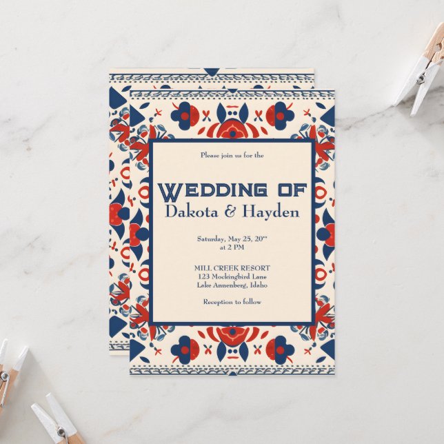 Folk art floral red, white, and blue invitation (Front/Back In Situ)
